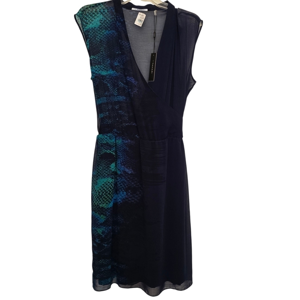 T Tahari Navy Blue and Green Snake Skin Pattern Midi Dress